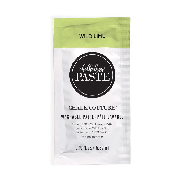 A single-use packet of Chalk Couture washable paste in "Wild Lime" green, with product information and branding on the front. The packet contains 0.19 fl oz (5.62 ml) of paste.