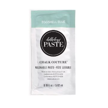 Show details for Eggshell Blue Paste Single A small packet of Chalk Couture washable paste in eggshell blue, labeled with product details and containing 0.19 fl oz (5.62 ml). The packaging is mostly white with teal and black accents.
