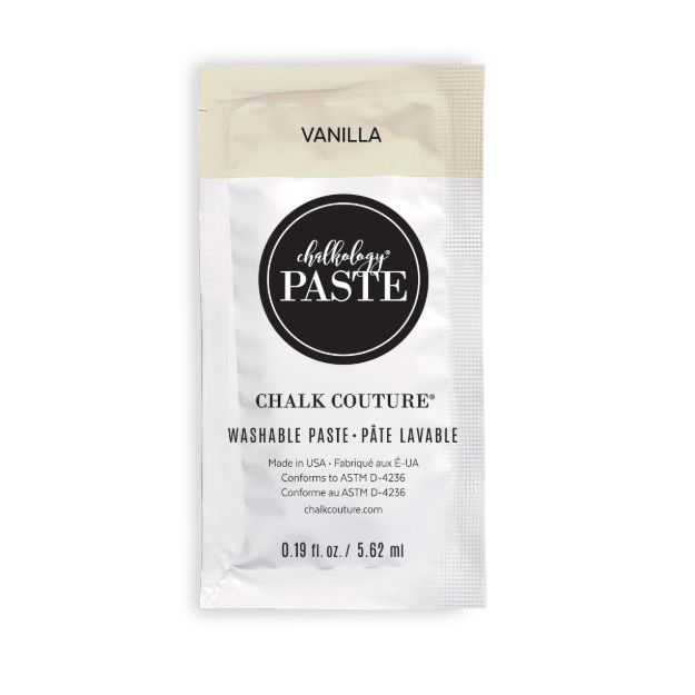 A packet of Chalk Couture washable paste in vanilla color. The packet is white with black and beige accents, featuring product details and branding on the front. Contains 0.19 fl. oz. (5.62 ml).