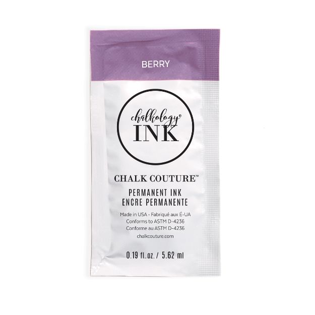 A sachet of Chalk Couture permanent ink in the color "Berry," with a lavender top section, brand logo, product name, and usage details. The packet contains 0.19 fl oz (5.62 mL) of ink.