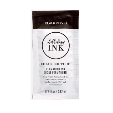 Show details for Black Velvet Ink Single A small foil packet labeled "Chalkology INK" from Chalk Couture, marked "BLACK VELVET." The packet contains 0.19 fl oz (5.62 ml) of permanent ink and includes usage information in English and French.