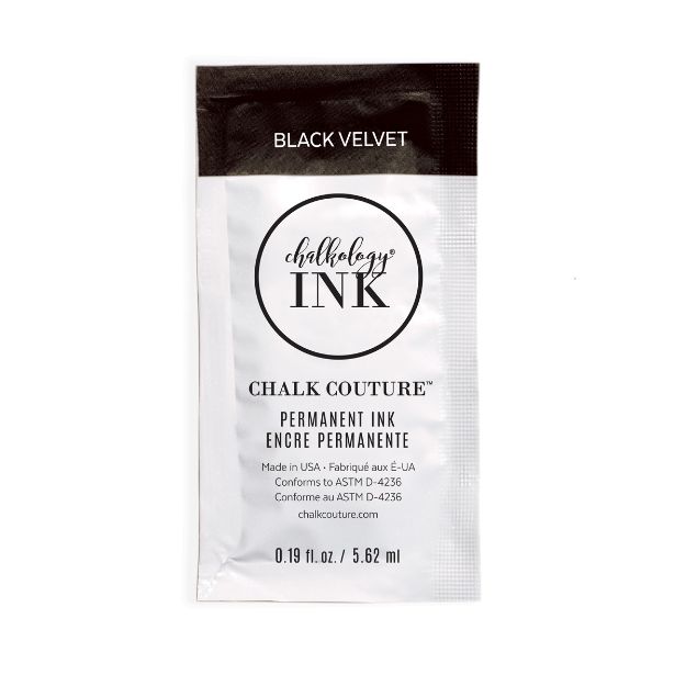 A small foil packet labeled "Chalkology INK" from Chalk Couture, marked "BLACK VELVET." The packet contains 0.19 fl oz (5.62 ml) of permanent ink and includes usage information in English and French.