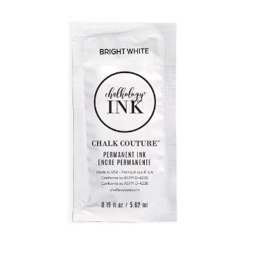 Show details for Bright White Ink Single A white packet labeled “Chalkology Ink, Chalk Couture, Permanent Ink, Bright White.” The packet contains 0.19 fl oz (5.62 ml) of permanent ink and has product details printed in English and French.