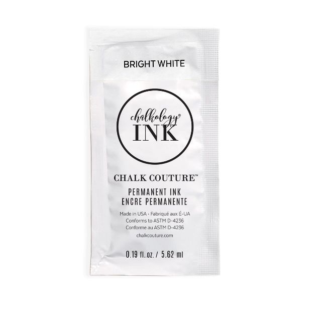 A white packet labeled “Chalkology Ink, Chalk Couture, Permanent Ink, Bright White.” The packet contains 0.19 fl oz (5.62 ml) of permanent ink and has product details printed in English and French.