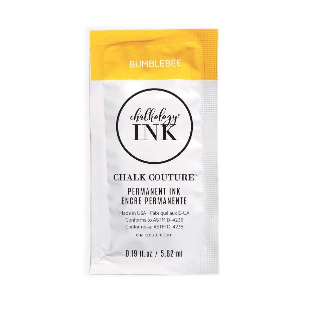 A small packet of Chalk Couture permanent ink in the color "Bumblebee," featuring yellow and white packaging with black text and a circular Chalkology Ink logo. The packet contains 0.19 fl oz (5.62 ml).