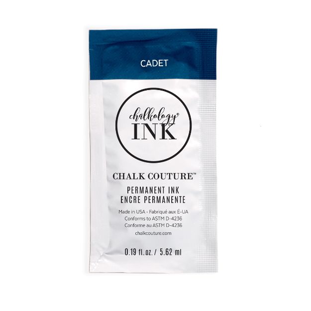 A white packet labeled "Chalkology Ink" by Chalk Couture, color "Cadet." The packet contains 0.19 fl oz (5.62 ml) of permanent ink and includes product information in English and French.