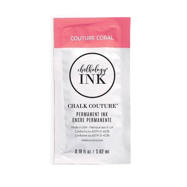 A single-use packet of Chalk Couture Permanent Ink in Couture Coral. The packet is mostly silver with a coral-colored top and clear branding and usage information on the front. The size is 0.19 fl. oz. (5.62 mL).