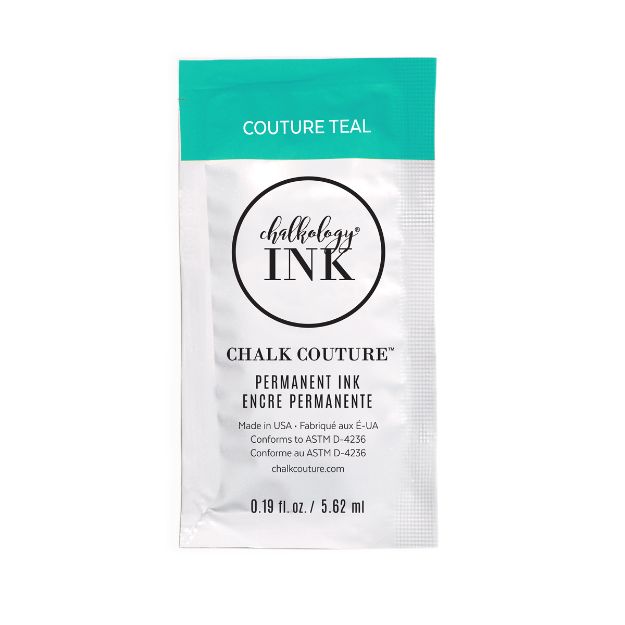 A sachet of Chalk Couture Ink in the color "Couture Teal." The front of the packet displays branding and product information, indicating it contains permanent ink and holds 0.19 fl oz (5.62 ml).