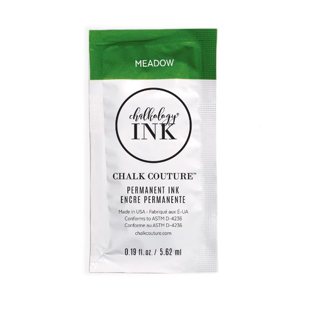 A small sachet labeled "Chalkology Ink" by Chalk Couture in the color "Meadow." The packet contains 0.19 fl oz (5.62 ml) of permanent ink and displays manufacturing and compliance information.