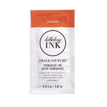 Show details for Papaya Ink Single A small packet of Chalkology Ink by Chalk Couture labeled "PAPAYA." The packet is mostly white with an orange top section and contains 0.19 fl. oz. (5.62 ml) of permanent ink.