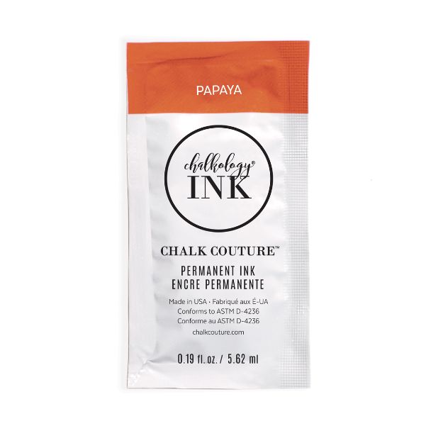A small packet of Chalkology Ink by Chalk Couture labeled "PAPAYA." The packet is mostly white with an orange top section and contains 0.19 fl. oz. (5.62 ml) of permanent ink.
