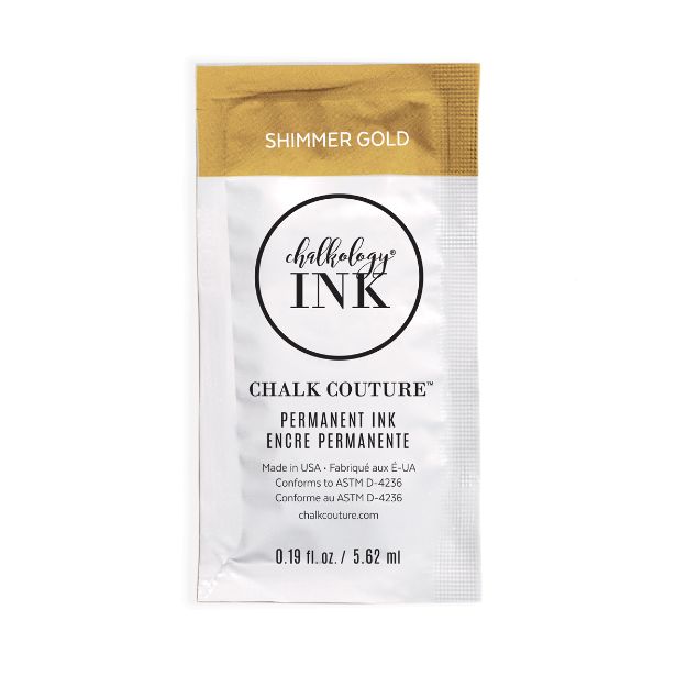 A small silver and gold packet labeled "Chalkology Ink" in shimmer gold. Text states it is permanent ink by Chalk Couture, containing 0.19 fl oz (5.62 mL).