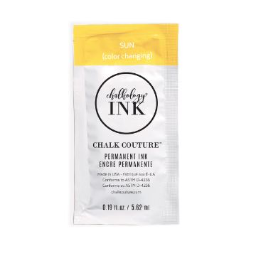 Show details for Sun Ink Single A small silver packet labeled "Chalkology INK Chalk Couture" with "SUN (color changing)" on a yellow section at the top. The packet contains 0.19 fl oz (5.62 ml) of permanent ink.