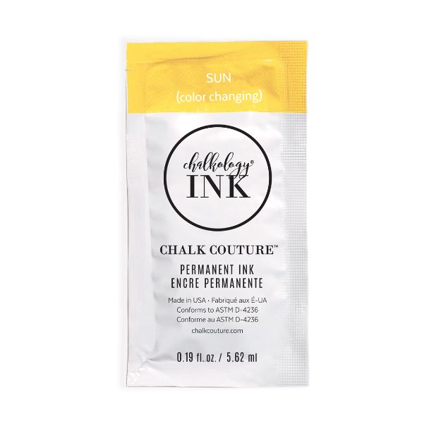 A small silver packet labeled "Chalkology INK Chalk Couture" with "SUN (color changing)" on a yellow section at the top. The packet contains 0.19 fl oz (5.62 ml) of permanent ink.