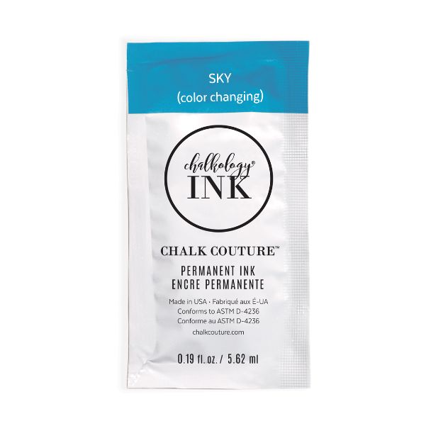 A silver packet labeled "Chalkology Ink" from Chalk Couture in the "Sky" color (color changing). The packet contains 0.19 fl oz (5.62 ml) of permanent ink. The label is primarily blue and white.
