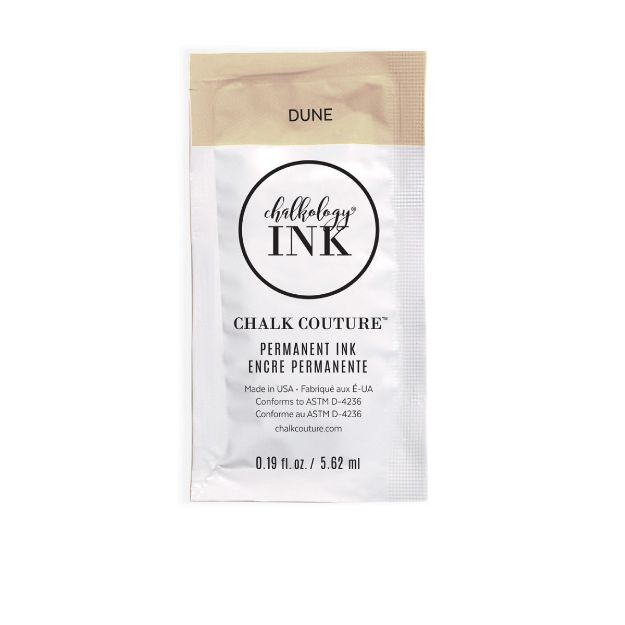 A sachet of Chalk Couture permanent ink in the color "Dune," with black and tan labeling, displayed on a white background. The packet contains 0.19 fl oz (5.62 mL).