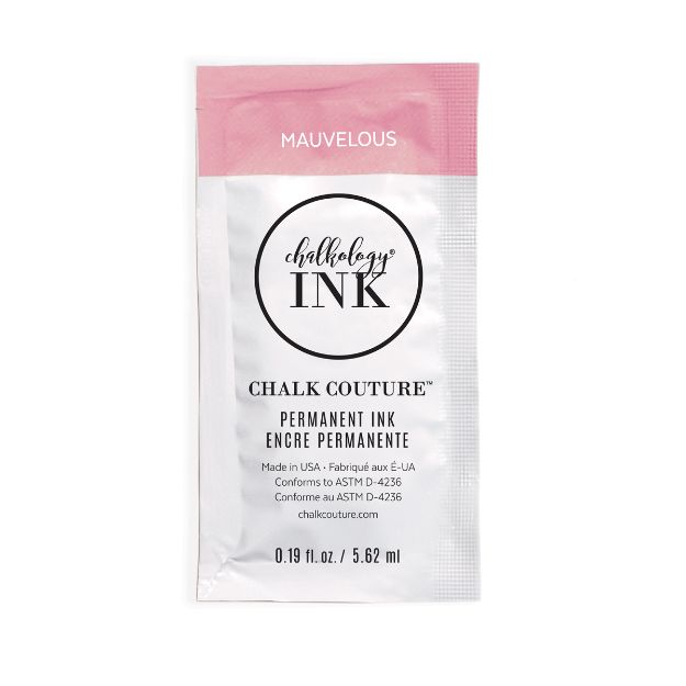 A single-use packet of Chalkology Ink by Chalk Couture labeled "Mauvelous." The packet is white with a pink top, containing 0.19 fl oz (5.62 ml) of permanent ink.