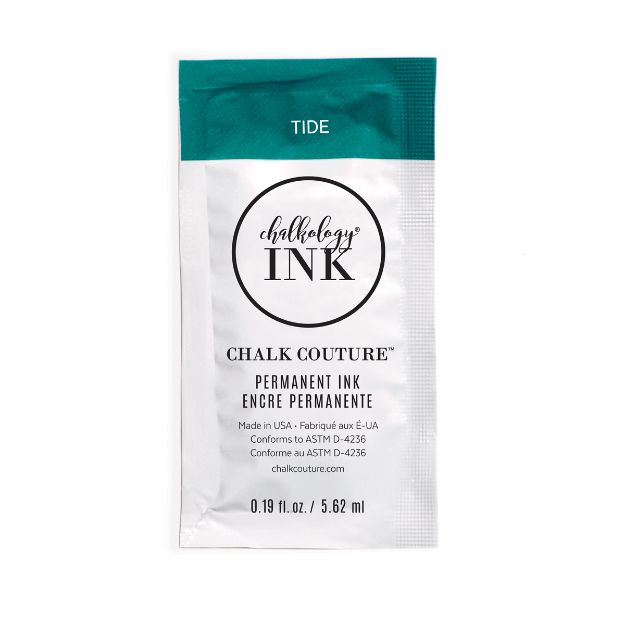 A white and teal packet labeled "Chalkology Ink" by Chalk Couture, featuring the product name "Tide" and stating "Permanent Ink" in English and French. The packet contains 0.19 fl oz (5.62 ml) of ink.