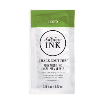 Show details for Pesto Ink Single A silver packet of Chalk Couture permanent ink labeled "Pesto," with a green top section. The packet contains 0.19 fl oz (5.62 mL) of ink and displays product and manufacturing information.