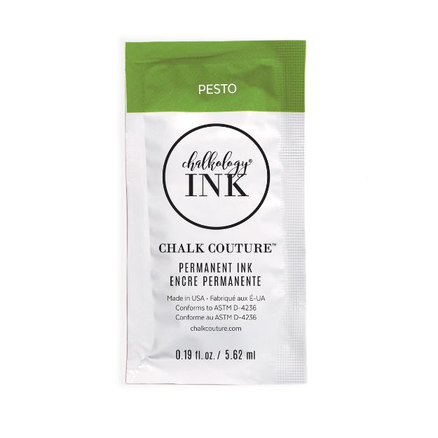 A silver packet of Chalk Couture permanent ink labeled "Pesto," with a green top section. The packet contains 0.19 fl oz (5.62 mL) of ink and displays product and manufacturing information.