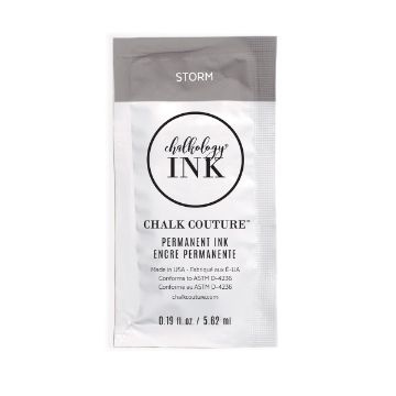 Show details for Storm Ink Single A silver packet labeled "Chalkology Ink" by Chalk Couture in the color "Storm." The packet contains 0.19 fl oz (5.62 ml) of permanent ink and features product information in English and French.