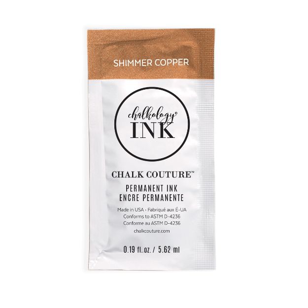 A single-use packet of Chalkology Ink by Chalk Couture labeled "Shimmer Copper." The packet is white with a metallic copper top and contains 0.19 fl oz (5.62 ml) of permanent ink.