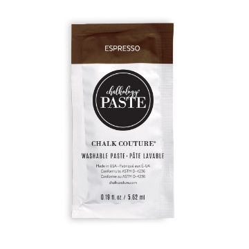Show details for Espresso Paste Single Single-use packet of Chalk Couture washable paste in espresso color with a brown and white design. The packet displays product details, branding, and website information on the front.