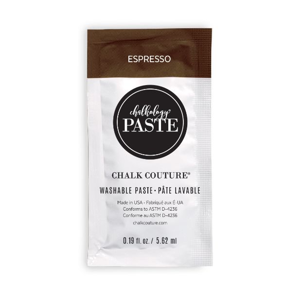 Single-use packet of Chalk Couture washable paste in espresso color with a brown and white design. The packet displays product details, branding, and website information on the front.