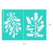 A teal stencil sheet with two white holiday designs: mistletoe with berries and ribbon on the left, and holly leaves with berries on the right. The sheet measures 6.5 inches by 4.5 inches.
