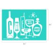 Turquoise graphic featuring five white drink glasses and bottles spelling "CHEERS," with sparkles and stars; dimensions are 6.5 inches wide by 4.5 inches tall.