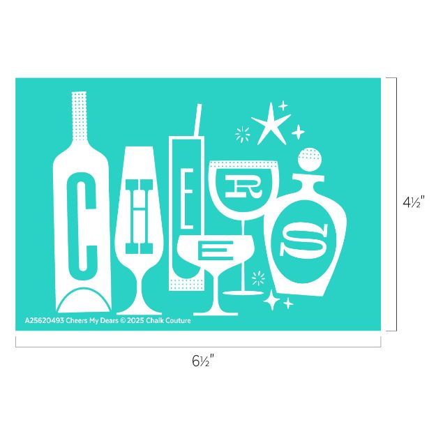 Turquoise graphic featuring five white drink glasses and bottles spelling "CHEERS," with sparkles and stars; dimensions are 6.5 inches wide by 4.5 inches tall.