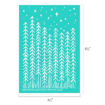 Show details for Enchanted Forest A stencil with tall pine trees, stars, and dots representing a night sky. The stencil measures 6.5 inches tall by 4.5 inches wide, with the title "Enchanted Forest" at the bottom.