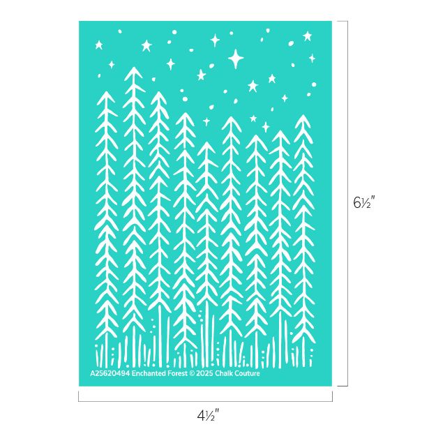A stencil with tall pine trees, stars, and dots representing a night sky. The stencil measures 6.5 inches tall by 4.5 inches wide, with the title "Enchanted Forest" at the bottom.