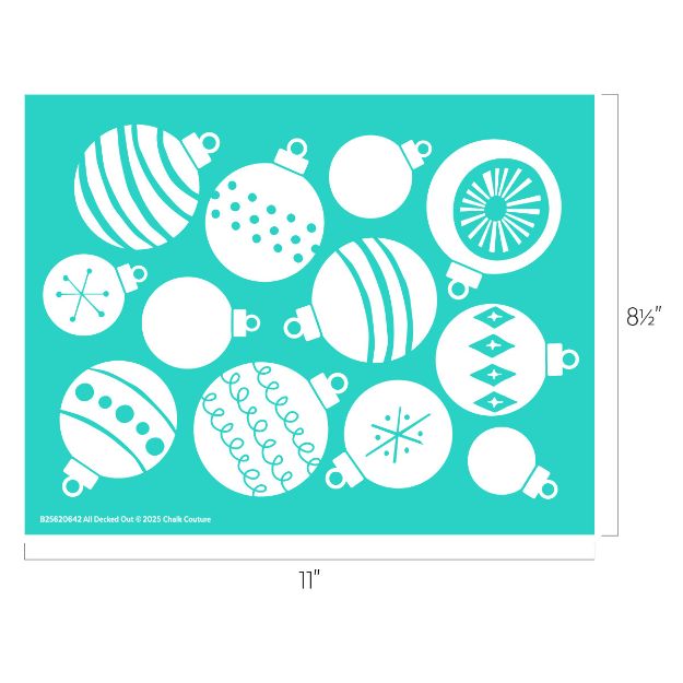 A teal rectangular stencil featuring various white Christmas ornament designs, including stripes, dots, and geometric patterns. The stencil measures 11 inches wide by 8.5 inches tall.