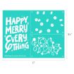 A teal stencil sheet measuring 11 by 8.5 inches features the phrase "Happy Merry Everything" in bold, playful white letters and two sections with white outlines of holiday lights and bulbs.