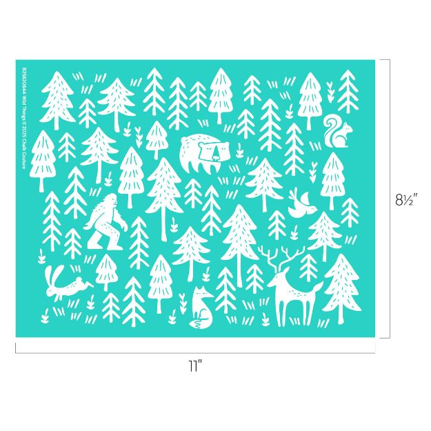 A teal stencil with white illustrations of pine trees, a Bigfoot, a bear, a deer, a fox, a rabbit, a bird, and a squirrel. The stencil measures 11 inches wide by 8.5 inches tall.