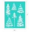 A teal sheet measuring 11 by 8.5 inches displays six white, stylized evergreen tree designs arranged in two rows, each tree featuring different branch shapes and patterns.