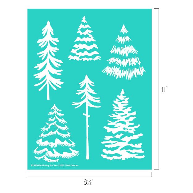 A teal sheet measuring 11 by 8.5 inches displays six white, stylized evergreen tree designs arranged in two rows, each tree featuring different branch shapes and patterns.
