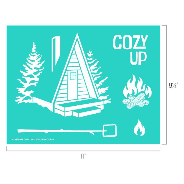 A stencil design featuring an A-frame cabin with pine trees, the words "COZY UP," a campfire, a marshmallow on a stick, and a flame icon. Dimensions are 11 inches wide by 8.5 inches tall.