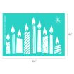 A teal rectangular stencil features eight white lit candles with varied patterns, a small starburst at the top right, and labeled dimensions of 6½ inches wide by 4½ inches tall.