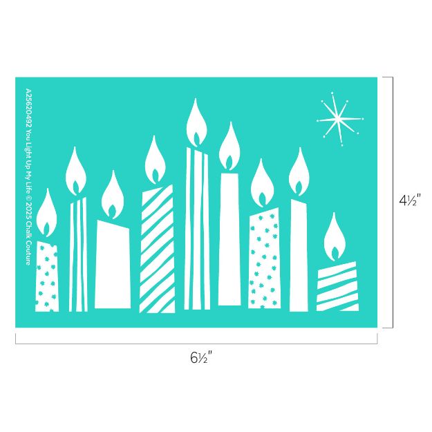 A teal rectangular stencil features eight white lit candles with varied patterns, a small starburst at the top right, and labeled dimensions of 6½ inches wide by 4½ inches tall.