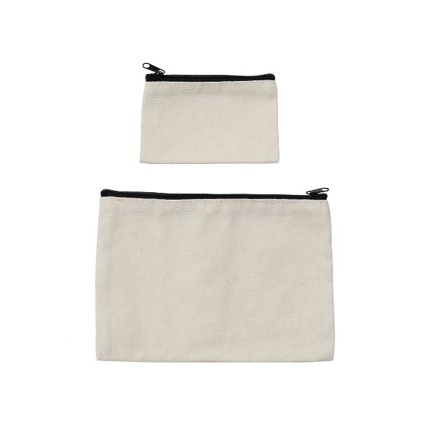 Two beige fabric zip pouches with black zippers, one small and one large, displayed on a white background. The smaller pouch is positioned above the larger one.