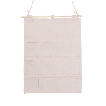 Show details for Hanging Organizer A beige fabric wall organizer with twelve small pockets arranged in three rows, hanging from a wooden dowel by a string.