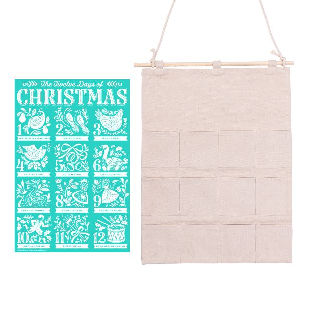 A fabric wall hanging with twelve empty pockets is shown next to a teal and white "Twelve Days of Christmas" chart, each day illustrated with themed designs such as birds, rings, and drummers.