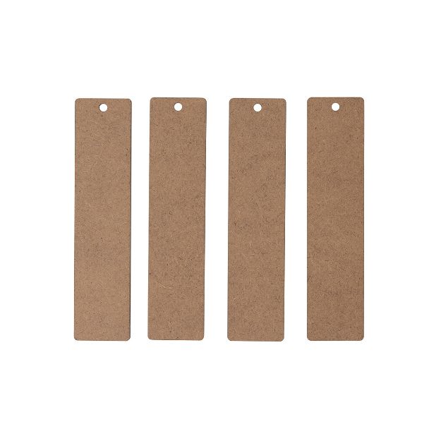 Four rectangular brown cardboard tags with rounded corners and a small hole at the top center of each, arranged vertically in a row on a white background.