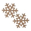 Two brown, flat, geometric snowflake shapes made of cardboard or wood, each with a slot in the center for assembling or interlocking. The snowflakes are positioned diagonally on a white background.