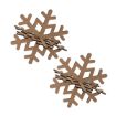 Two brown wooden snowflake-shaped ornaments with interlocking pieces, forming a 3D structure, are shown against a white background.