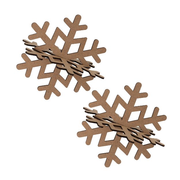 Two brown wooden snowflake-shaped ornaments with interlocking pieces, forming a 3D structure, are shown against a white background.