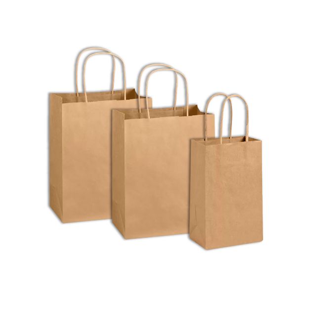 Three brown paper bags with handles in small, medium, and large sizes are standing upright side by side on a white background.
