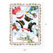 Illustration of six cheerful snowmen wearing festive hats, scarves, and holiday decorations, arranged in a circle on a snowy background with a holly and berry border. Card dimensions are 8.5 by 11 inches.